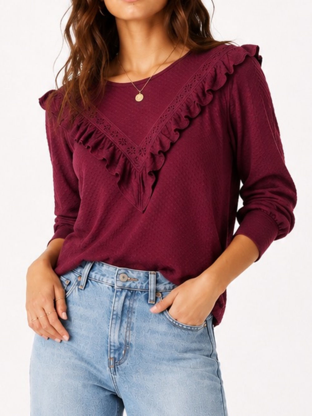 J. CREW Women’s Ruffle-trim honeycomb-knit cotton top-Burgundy color-Size Small